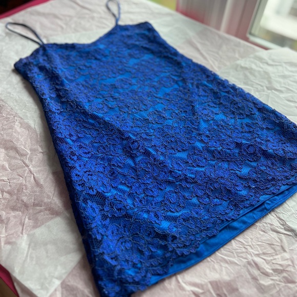 EUC VTG 90s slip M Bretton’s Private Label bright cobalt blue lace overlay MINT - Picture 3 of 16